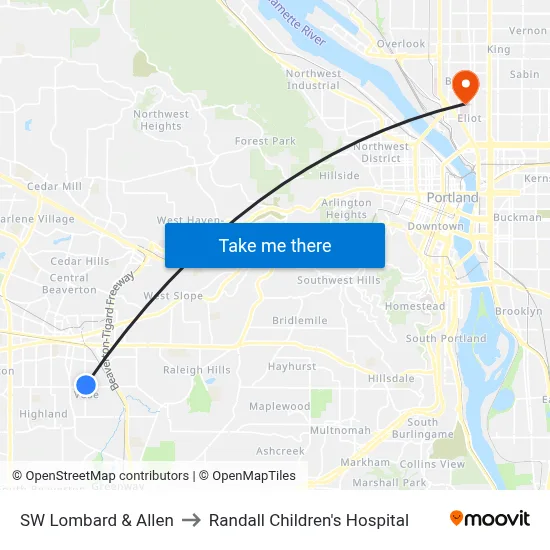SW Lombard & Allen to Randall Children's Hospital map