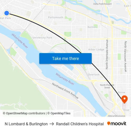 N Lombard & Burlington to Randall Children's Hospital map