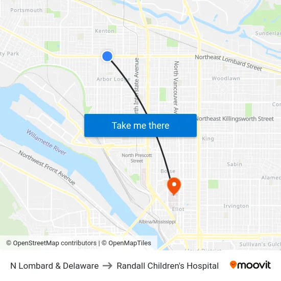 N Lombard & Delaware to Randall Children's Hospital map