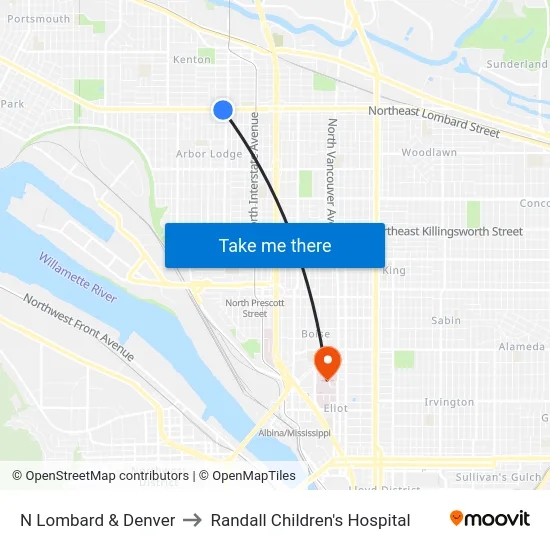 N Lombard & Denver to Randall Children's Hospital map