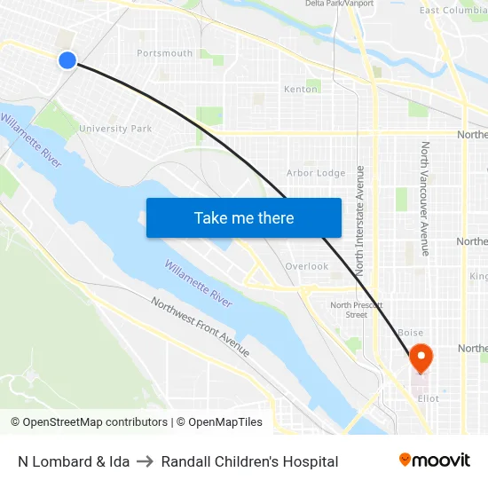 N Lombard & Ida to Randall Children's Hospital map