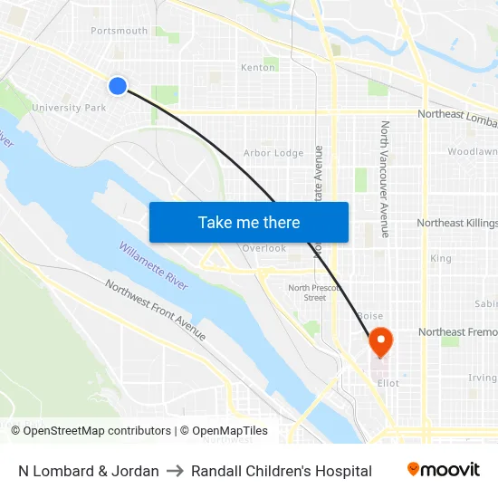 N Lombard & Jordan to Randall Children's Hospital map