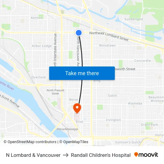 N Lombard & Vancouver to Randall Children's Hospital map