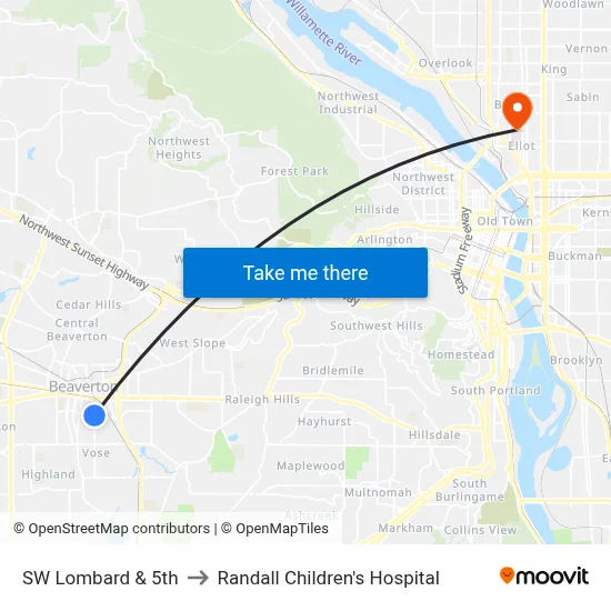 SW Lombard & 5th to Randall Children's Hospital map