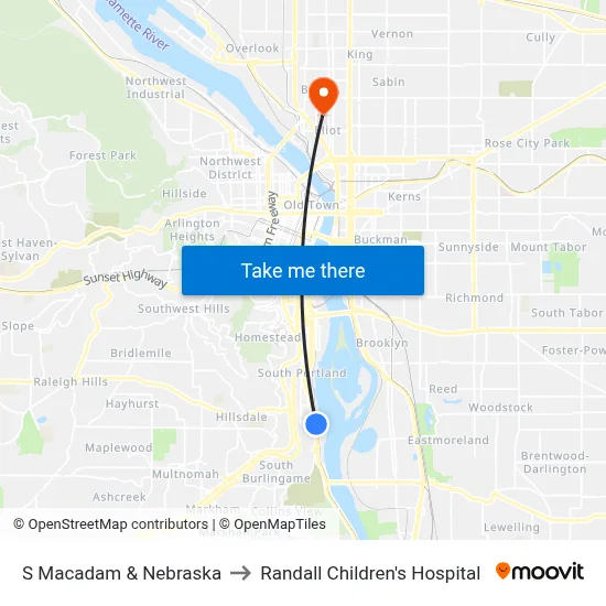 S Macadam & Nebraska to Randall Children's Hospital map
