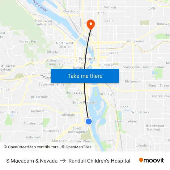 S Macadam & Nevada to Randall Children's Hospital map