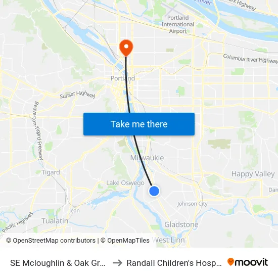 SE Mcloughlin & Oak Grove to Randall Children's Hospital map
