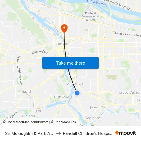 SE Mcloughlin & Park Ave to Randall Children's Hospital map