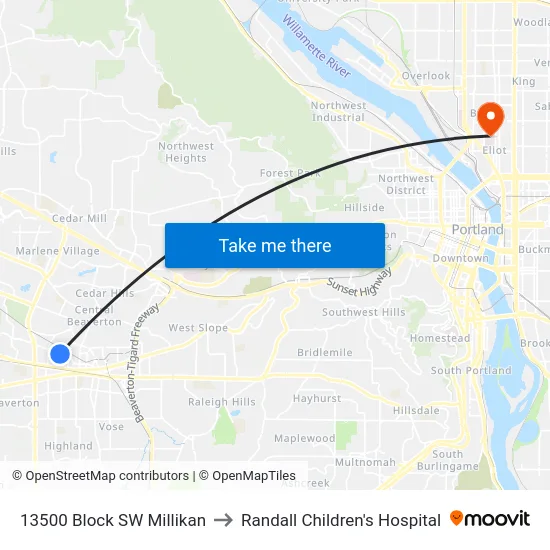 13500 Block SW Millikan to Randall Children's Hospital map