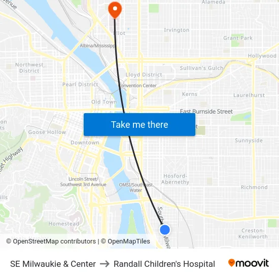 SE Milwaukie & Center to Randall Children's Hospital map