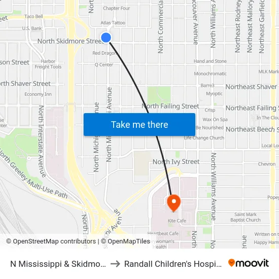 N Mississippi & Skidmore to Randall Children's Hospital map