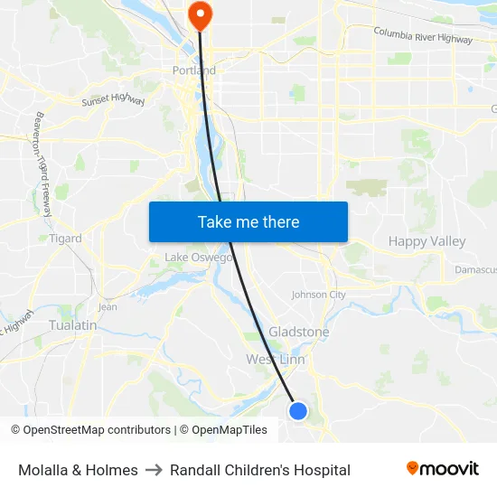 Molalla & Holmes to Randall Children's Hospital map