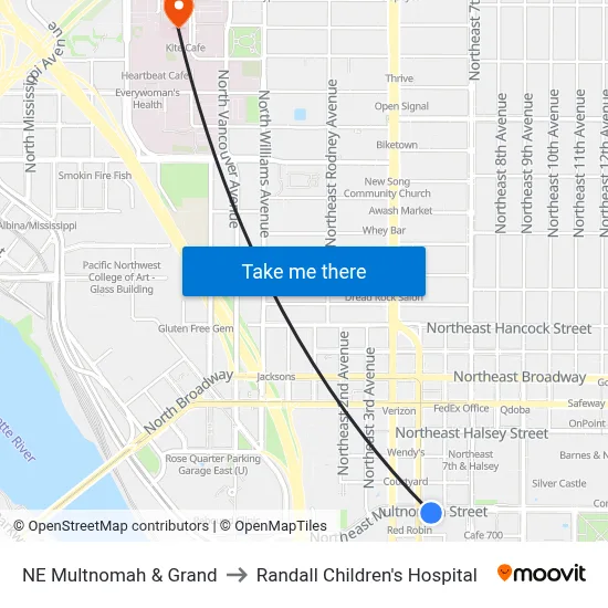 NE Multnomah & Grand to Randall Children's Hospital map