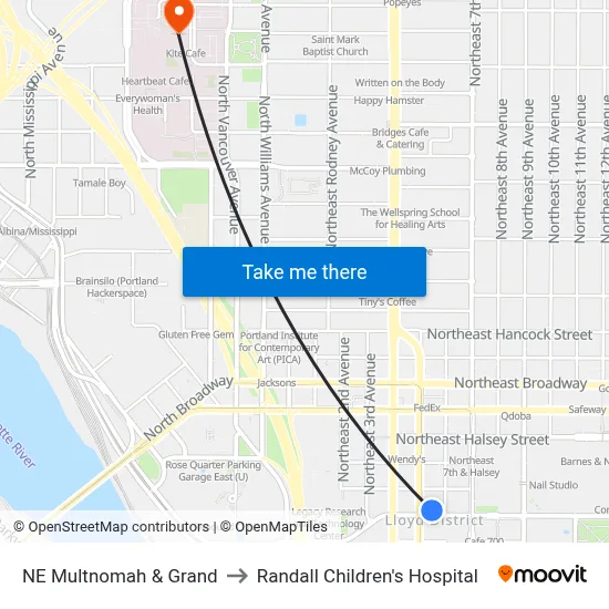 NE Multnomah & Grand to Randall Children's Hospital map