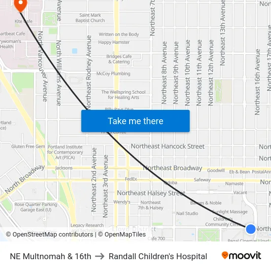 NE Multnomah & 16th to Randall Children's Hospital map