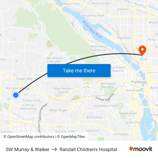 SW Murray & Walker to Randall Children's Hospital map
