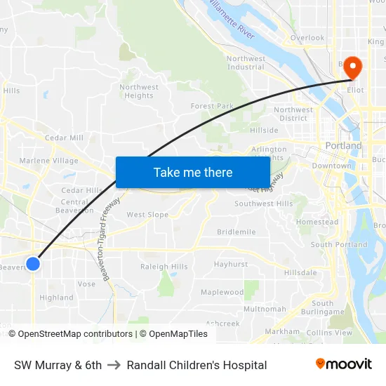 SW Murray & 6th to Randall Children's Hospital map