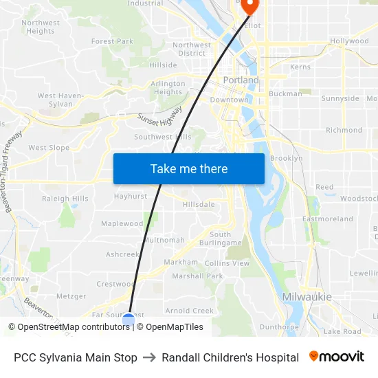 PCC Sylvania Main Stop to Randall Children's Hospital map