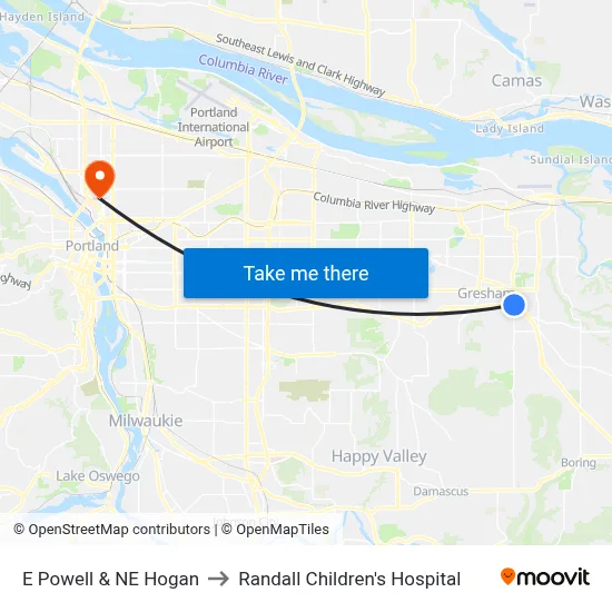 E Powell & NE Hogan to Randall Children's Hospital map