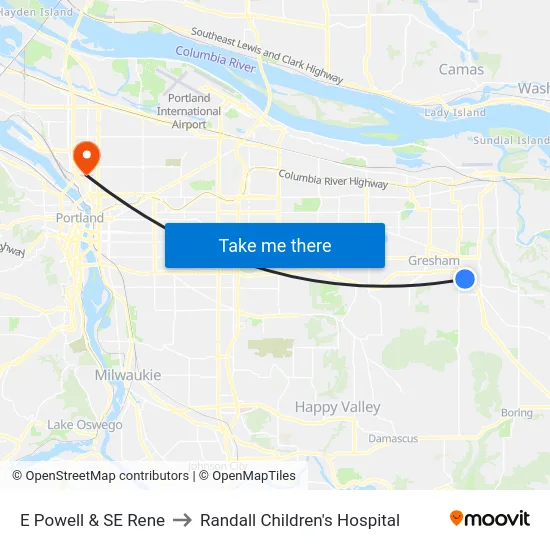 E Powell & SE Rene to Randall Children's Hospital map