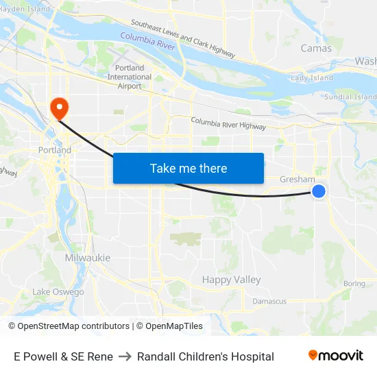 E Powell & SE Rene to Randall Children's Hospital map