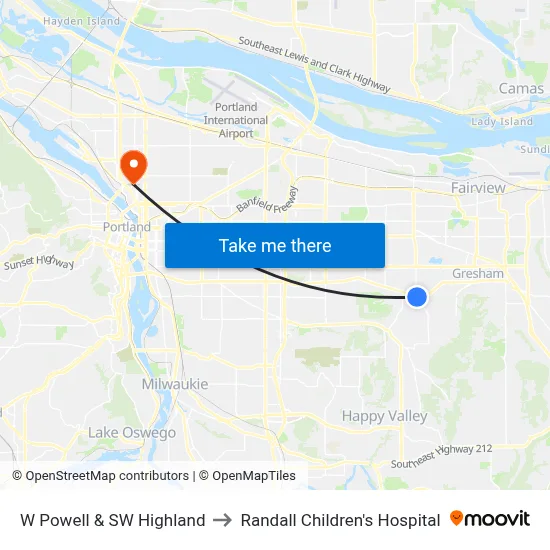 W Powell & SW Highland to Randall Children's Hospital map