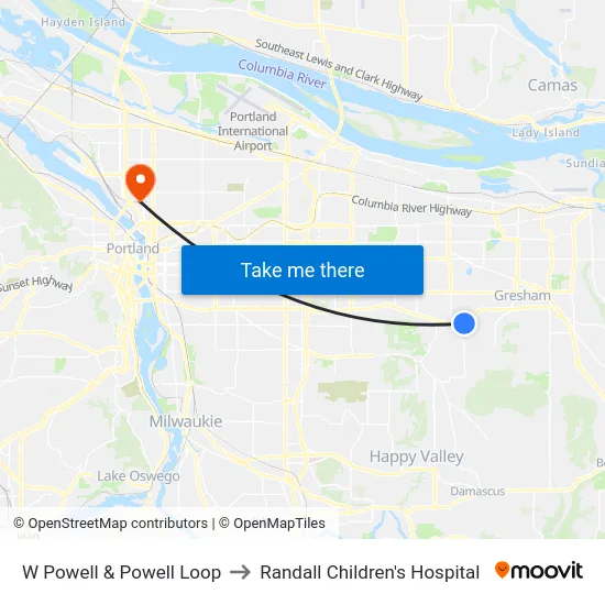 W Powell & Powell Loop to Randall Children's Hospital map