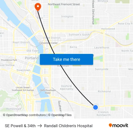 SE Powell & 34th to Randall Children's Hospital map
