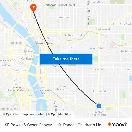 SE Powell & Cesar Chavez Blvd to Randall Children's Hospital map