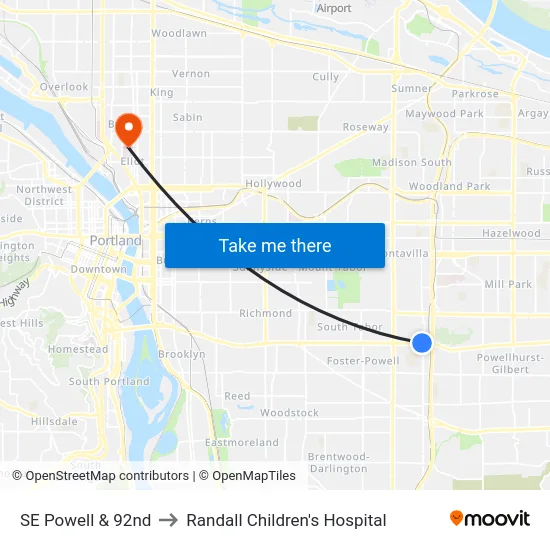 SE Powell & 92nd to Randall Children's Hospital map