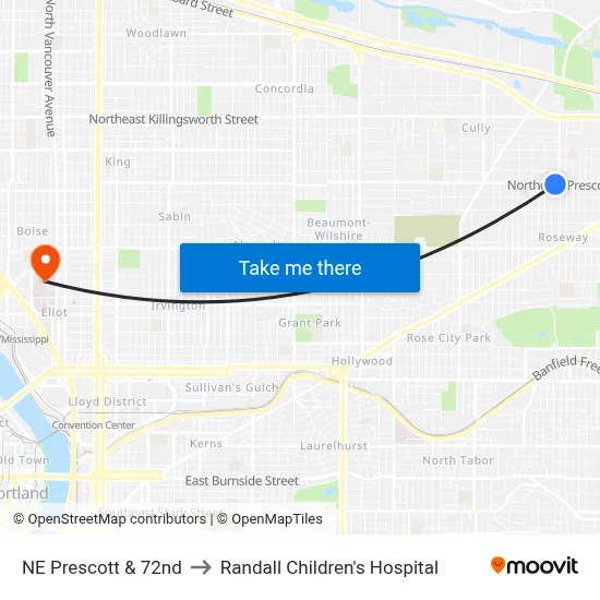 NE Prescott & 72nd to Randall Children's Hospital map