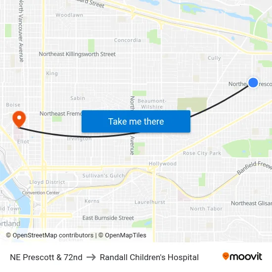 NE Prescott & 72nd to Randall Children's Hospital map