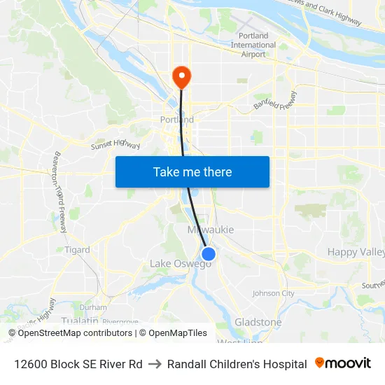 12600 Block SE River Rd to Randall Children's Hospital map