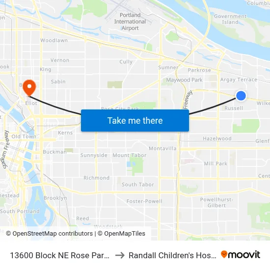 13600 Block NE Rose Parkway to Randall Children's Hospital map