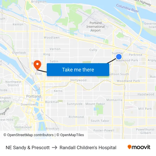 NE Sandy & Prescott to Randall Children's Hospital map