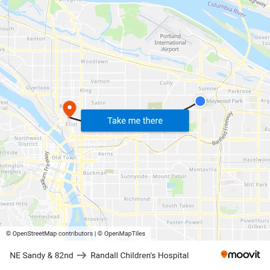 NE Sandy & 82nd to Randall Children's Hospital map