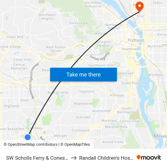 SW Scholls Ferry & Conestoga to Randall Children's Hospital map