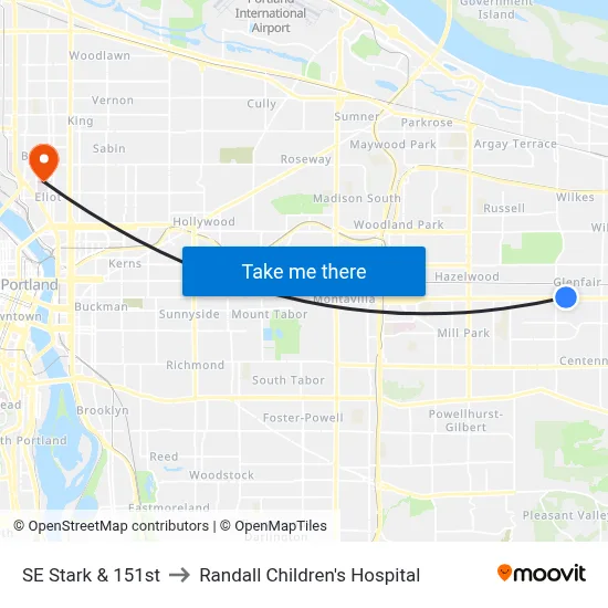 SE Stark & 151st to Randall Children's Hospital map