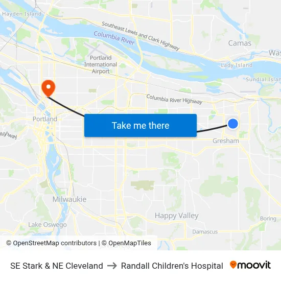 SE Stark & NE Cleveland to Randall Children's Hospital map