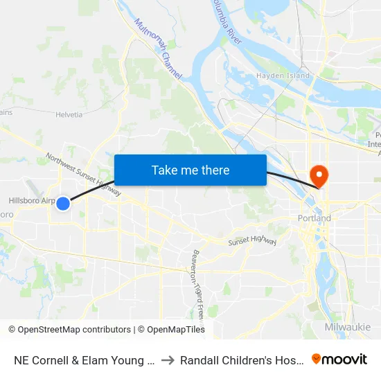 NE Cornell & Elam Young East to Randall Children's Hospital map