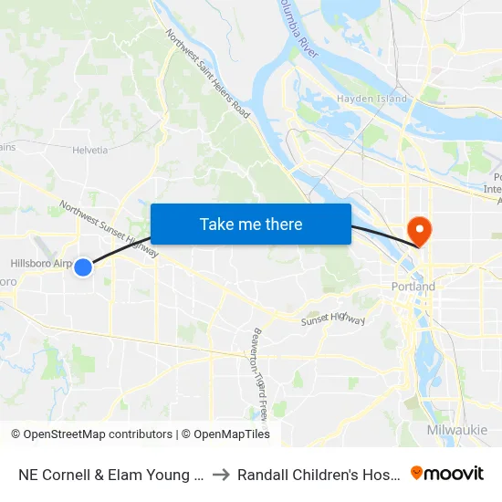 NE Cornell & Elam Young East to Randall Children's Hospital map