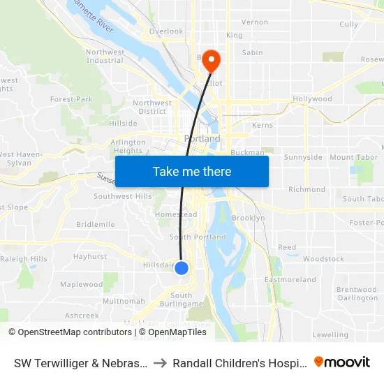 SW Terwilliger & Nebraska to Randall Children's Hospital map
