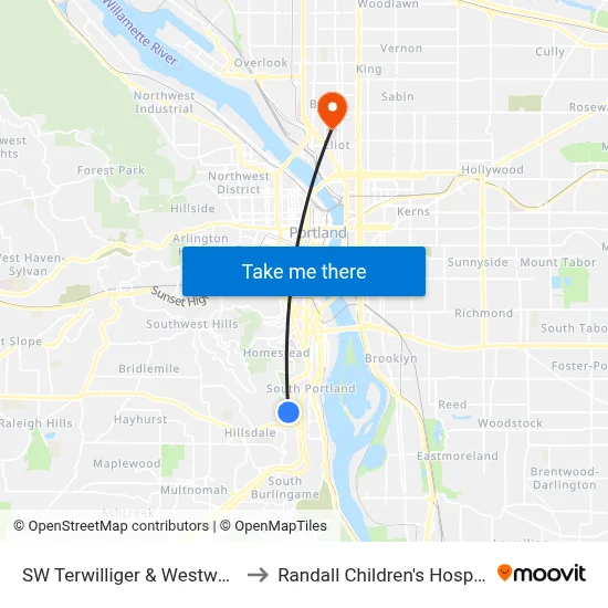 SW Terwilliger & Westwood to Randall Children's Hospital map