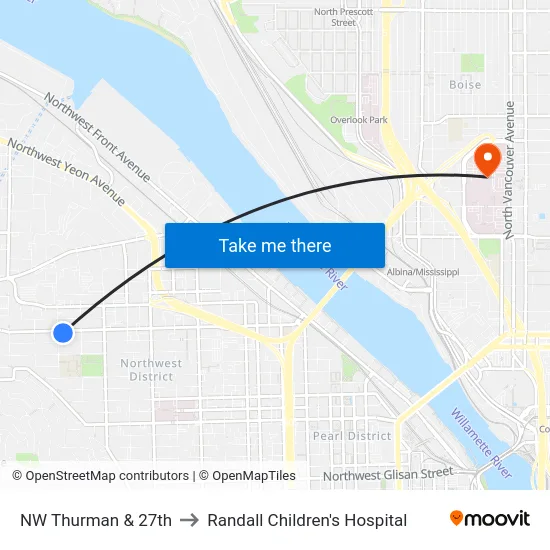 NW Thurman & 27th to Randall Children's Hospital map