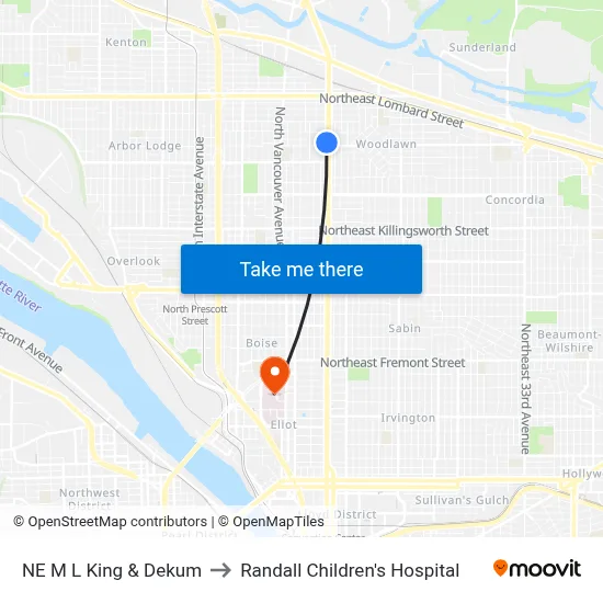 NE M L King & Dekum to Randall Children's Hospital map