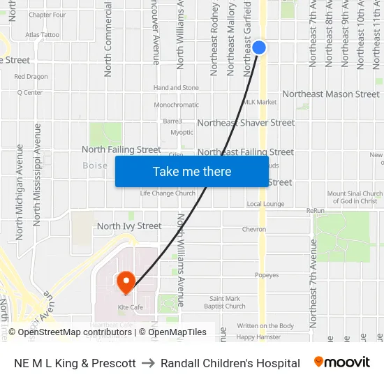 NE M L King & Prescott to Randall Children's Hospital map