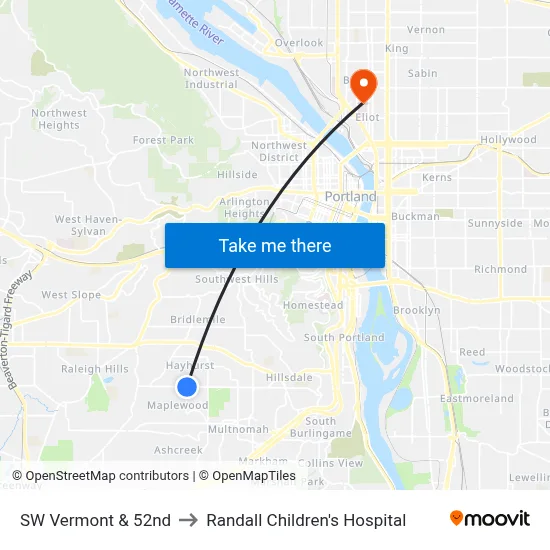 SW Vermont & 52nd to Randall Children's Hospital map