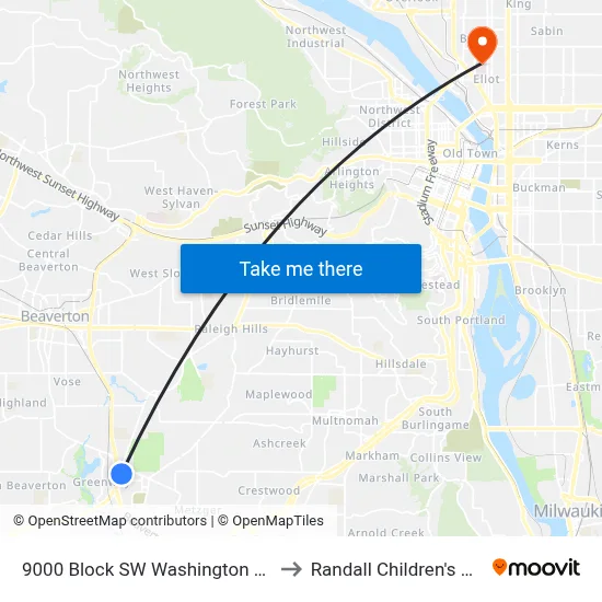 9000 Block SW Washington Square Rd to Randall Children's Hospital map