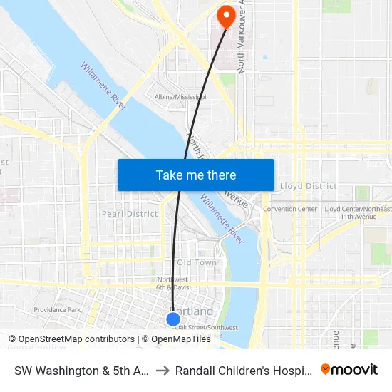 SW Washington & 5th Ave to Randall Children's Hospital map