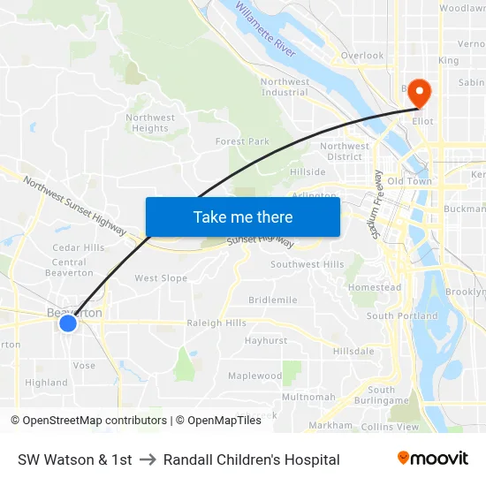 SW Watson & 1st to Randall Children's Hospital map